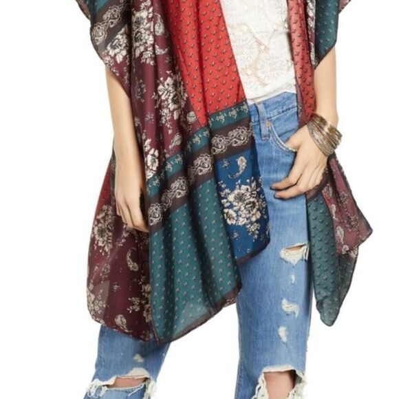 Free People Kimono Mon Cheri Silky Satin Floral Paisley Patchwork One Size Boho - Picture 5 of 12